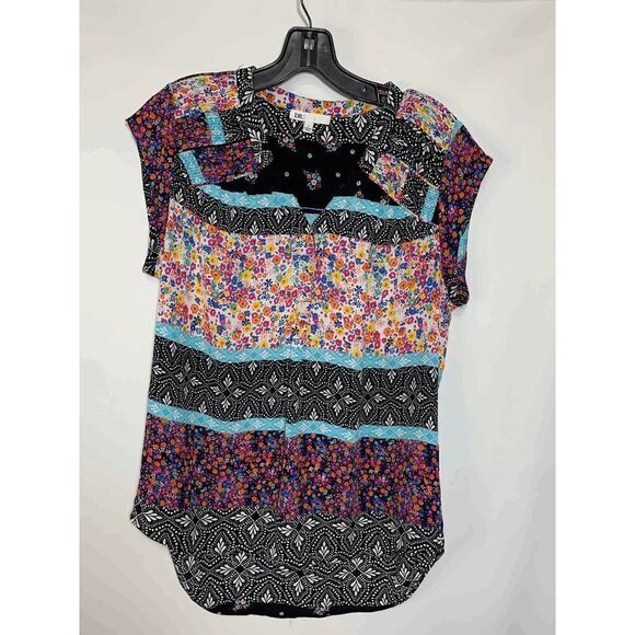 DR2 Women's Multicolor Floral Short Sleeve V Neck Casual Tunic Blouse Top Small - Picture 1 of 12